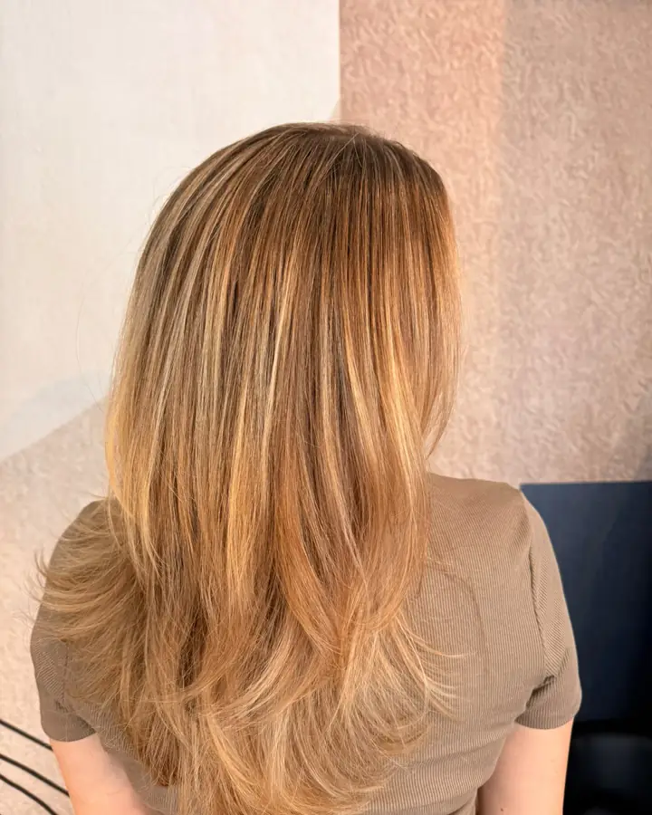 Lange, gestufte Haare mit karamellfarbener Balayage, von hinten